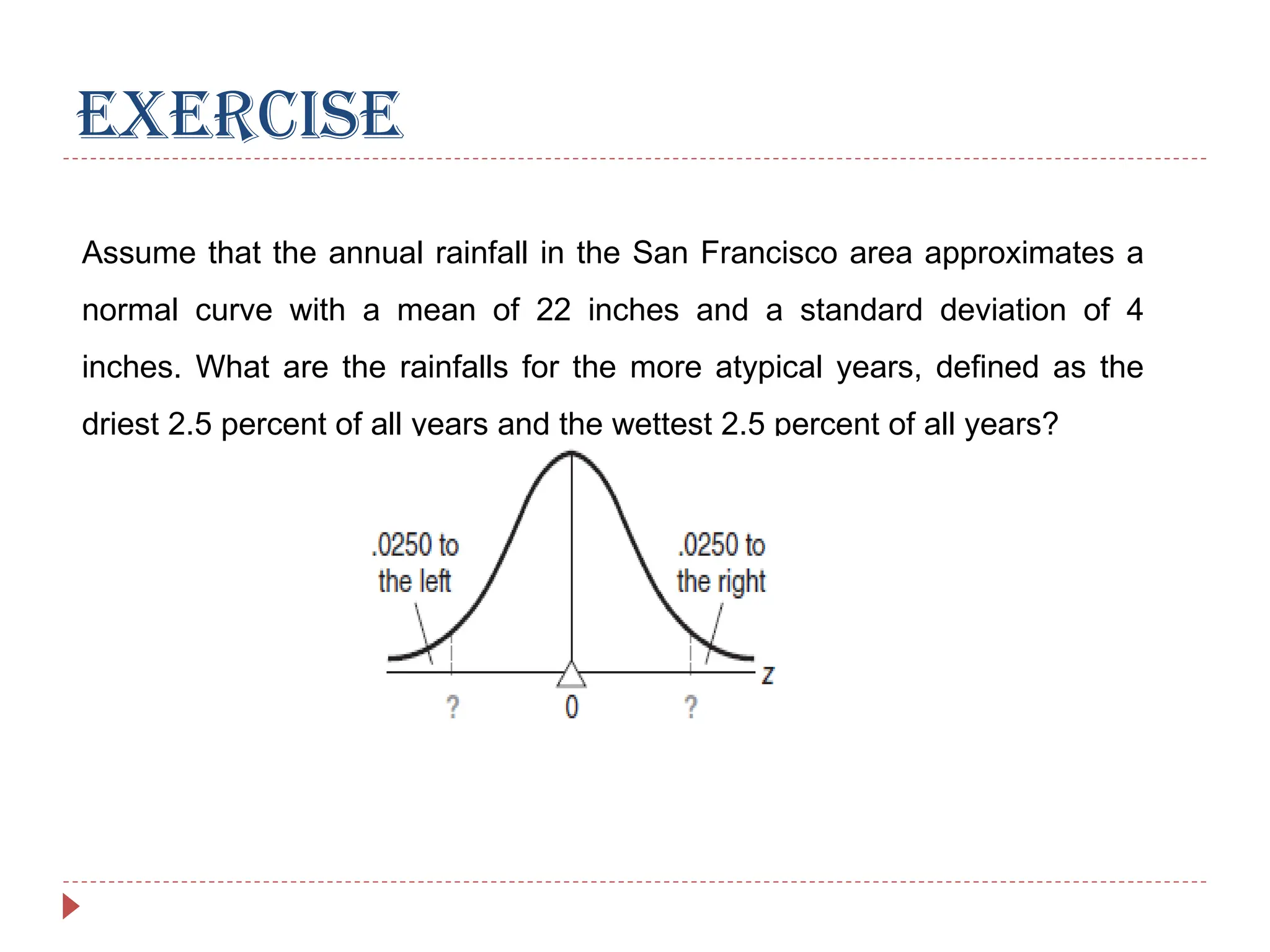 EXERCISE
Assume that the annual rainfall in the San Francisco area approximates a
normal curve with a mean of 22 inches and a standard deviation of 4
inches. What are the rainfalls for the more atypical years, defined as the
driest 2.5 percent of all years and the wettest 2.5 percent of all years?
 