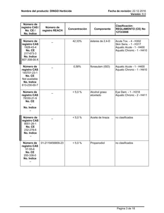 Nombre del producto: DINGO Herbicide Fecha de revisión: 22.12.2016
Versión: 6.0
Pagina 3 de 18
Número de
registro CAS /
No. CE /
No. Indice
Número de
registro REACH
Concentración Componente
Clasificación:
REGLAMENTO (CE) No
1272/2008
Número de
registro CAS
1928-43-4
No. CE
217-673-3
No. Indice
607-308-00-X
_ 42,33% ésteres de 2,4-D Acute Tox. - 4 - H302
Skin Sens. - 1 - H317
Aquatic Acute - 1 - H400
Aquatic Chronic - 1 - H410
Número de
registro CAS
145701-23-1
No. CE
Not available
No. Indice
613-230-00-7
_ 0,58% florasulam (ISO) Aquatic Acute - 1 - H400
Aquatic Chronic - 1 - H410
Número de
registro CAS
78330-21-9
No. CE
–
No. Indice
–
_ < 5,0 % Alcohol graso
etoxilado
Eye Dam. - 1 - H318
Aquatic Chronic - 2 - H411
Número de
registro CAS
8001-26-1
No. CE
232-278-6
No. Indice
–
_ < 5,0 % Aceite de linaza no clasificados
Número de
registro CAS
57-55-6
No. CE
200-338-0
No. Indice
–
01-2119456809-23 < 5,0 % Propanodiol no clasificados
 