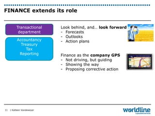 FINANCE extends its role 
| Katleen Vandeweyer 
11 
Transactional 
department 
Accountancy 
Treasury 
Tax 
Reporting 
… 
Look behind, and… look forward 
- Forecasts 
- Outlooks 
- Action plans 
Finance as the company GPS 
- Not driving, but guiding 
- Showing the way 
- Proposing corrective action 
 