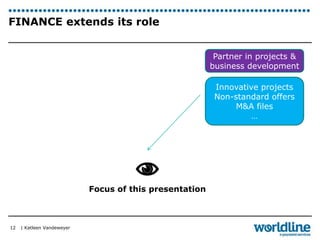 FINANCE extends its role 
| Katleen Vandeweyer 
12 
Partner in projects & 
business development 
Innovative projects 
Non-standard offers 
M&A files 
… 
 
Focus of this presentation 
 