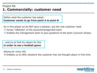 Project file 
1. Commercially: customer need 
Define what the customer has asked… 
Customer wants to go from point A to point B 
So in this phase we do NOT give a solution, but the real customer need 
 Forces ‘reflection’ of the accountmanager/bid team 
 Enables the management team to give guidance to the team (‘pursuit’ phase) 
…and try to find his reason for this 
in order to see a football game 
Asking for more info 
 Enables us to offer solutions the customer has not thought about in first time 
| Katleen Vandeweyer 
21 
 