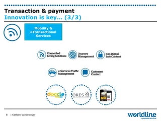 Transaction & payment 
Innovation is key… (3/3) 
| Katleen Vandeweyer 
8 
Mobility & 
eTransactional 
Services 
 