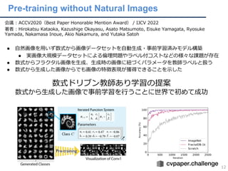 Pre-training without Natural Images
12
会議 : ACCV2020（Best Paper Honorable Mention Award） / IJCV 2022
著者 : Hirokatsu Kataoka, Kazushige Okayasu, Asato Matsumoto, Eisuke Yamagata, Ryosuke
Yamada, Nakamasa Inoue, Akio Nakamura, and Yutaka Satoh
数式ドリブン教師あり学習の提案
数式から⽣成した画像で事前学習を⾏うことに世界で初めて成功
● ⾃然画像を⽤いず数式から画像データセットを⾃動⽣成・事前学習済みモデル構築
● 実画像⼤規模データセットによる倫理問題やラベル付コストなどの様々な課題が存在
● 数式からフラクタル画像を⽣成、⽣成時の画像に紐づくパラメータを教師ラベルと扱う
● 数式から⽣成した画像からでも画像の特徴表現が獲得できることを⽰した
 