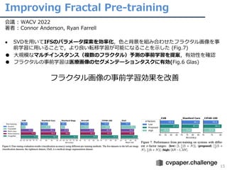 Improving Fractal Pre-training
15
会議 : WACV 2022
著者 : Connor Anderson, Ryan Farrell
● SVDを⽤いてIFSのパラメータ探索を効率化，⾊と背景を組み合わせたフラクタル画像を事
前学習に⽤いることで，より良い転移学習が可能になることを⽰した (Fig.7)
● ⼤規模なマルチインスタンス（複数のフラクタル）予測の事前学習を提案，有効性を確認
● フラクタルの事前学習は医療画像のセグメンテーションタスクに有効(Fig.6 Glas)
フラクタル画像の事前学習効果を改善
 