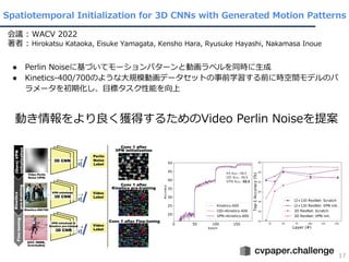 Spatiotemporal Initialization for 3D CNNs with Generated Motion Patterns
17
会議 : WACV 2022
著者 : Hirokatsu Kataoka, Eisuke Yamagata, Kensho Hara, Ryusuke Hayashi, Nakamasa Inoue
● Perlin Noiseに基づいてモーションパターンと動画ラベルを同時に⽣成
● Kinetics-400/700のような⼤規模動画データセットの事前学習する前に時空間モデルのパ
ラメータを初期化し、⽬標タスク性能を向上
動き情報をより良く獲得するためのVideo Perlin Noiseを提案
 
