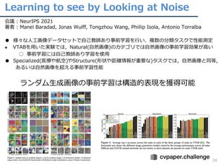Learning to see by Looking at Noise
24
会議 : NeurIPS 2021
著者 : Manel Baradad, Jonas Wulff, Tongzhou Wang, Phillip Isola, Antonio Torralba
● 様々な⼈⼯画像データセットで⾃⼰教師あり事前学習を⾏い、複数の分類タスクで性能測定
● VTABを⽤いた実験では，Natural(⾃然画像)のカテゴリでは⾃然画像の事前学習効果が⾼い
○ 事前学習には⾃⼰教師あり学習を使⽤
● Specialized(医療や航空)やStructure(形状や距離情報が重要な)タスクでは，⾃然画像と同等，
あるいは⾃然画像を超える事前学習性能
ランダム⽣成画像の事前学習は構造的表現を獲得可能
 
