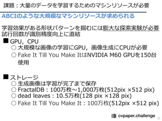 課題︓⼤量のデータを学習するためのマシンリソースが必要
31
ABCIのような⼤規模なマシンリソースが求められる
学習効果がある形状パターンを掴むには膨⼤な探索実験が必要
試⾏回数が識別精度向上に直結
■GPU，CPU
○ ⼤規模な画像の学習にGPU，画像⽣成にCPUが必要
○ Fake It Till You Make ItはNVIDIA M60 GPUを150台
使⽤
■ストレージ
○ ⽣成画像は学習が完了まで保存
○ FractalDB︓100万枚〜1,000万枚(512pix ×512 pix)
○ dead leaves︓10.5万枚(128 pix ×128 pix)
○ Fake It Till You Make It︓100万枚(512pix ×512 pix)
 