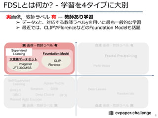 FDSLとは何か? - 学習を4タイプに⼤別
6
合成 画像・教師ラベル 無
実 画像・教師ラベル 無
合成 画像・教師ラベル 有
Supervised
Learning
Self-Supervised
Learning
simCLR
DINO
Masked Auto Encoder
Rotation
Jigsaw Puzzle
Deep Cluster
SEER
BYOL
実 画像・教師ラベル 有
Dead Leaves
Random bits
Foundation Model
CLIP
Florence
ImageNet
JFT-300M/3B
大規模データセット
Perlin Noise
Fractal Pre-training
実画像，教師ラベル 有 ̶ 教師あり学習
➢ データxと、対応する教師ラベルyを⽤いた最も⼀般的な学習
➢ 最近では、CLIPやFlorenceなどのFoundation Modelも話題
 