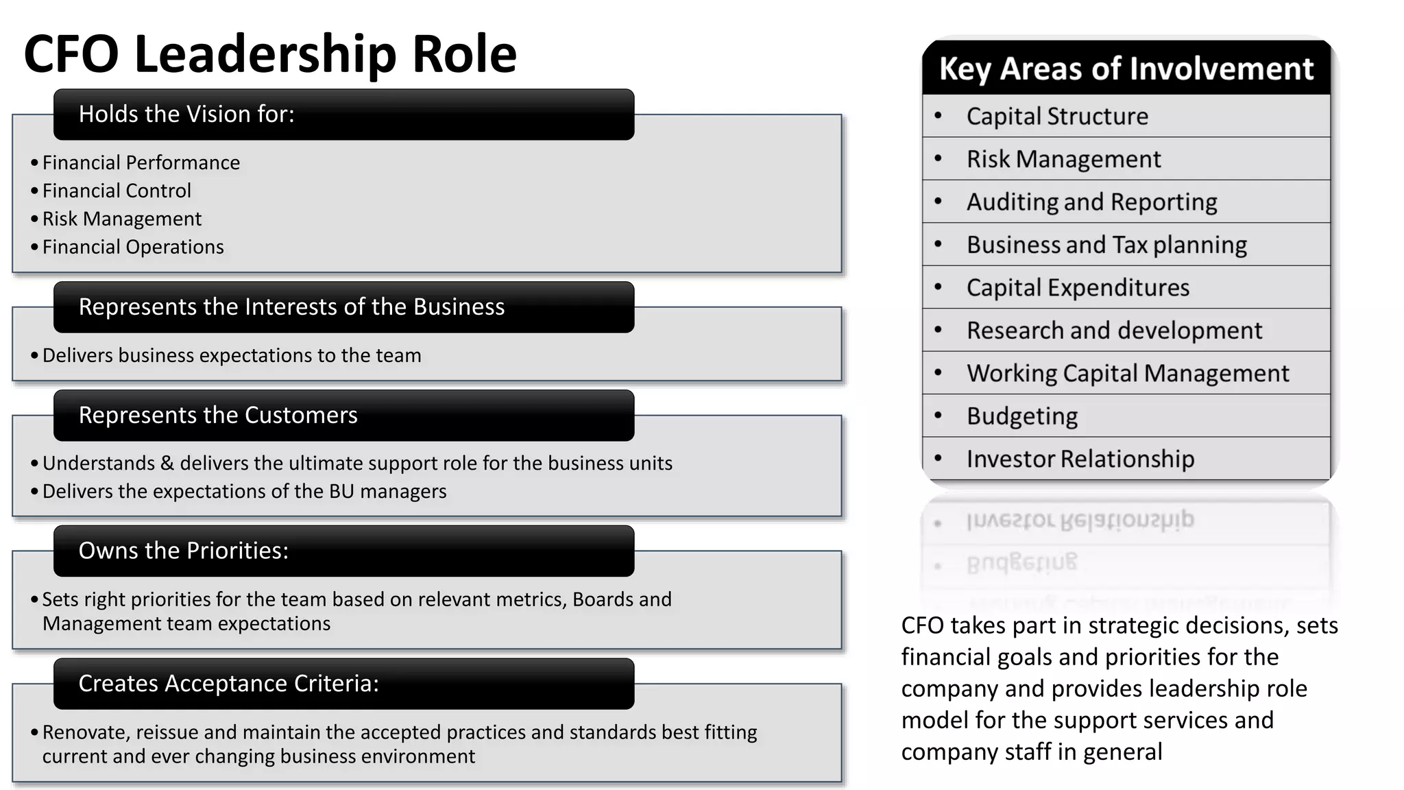 •Financial Performance
•Financial Control
•Risk Management
•Financial Operations
Holds the Vision for:
•Delivers business expectations to the team
Represents the Interests of the Business
•Understands & delivers the ultimate support role for the business units
•Delivers the expectations of the BU managers
Represents the Customers
•Sets right priorities for the team based on relevant metrics, Boards and
Management team expectations
Owns the Priorities:
•Renovate, reissue and maintain the accepted practices and standards best fitting
current and ever changing business environment
Creates Acceptance Criteria:
CFO Leadership Role
CFO takes part in strategic decisions, sets
financial goals and priorities for the
company and provides leadership role
model for the support services and
company staff in general
 