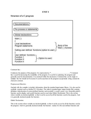 UNIT I
Structure of a C program
Comment line :
It indicates the purpose of the program. It is represented as /*……………………………..*/ Comment
line is used for increasing the readability of the program. It is useful in explaining the program and
generally used for documentation. It is enclosed within the decimeters. Comment line can be single or
multiple line but should not be nested. It can be anywhere in the program except inside string constant &
character constant.
Preprocessor Directive:
#include tells the compiler to include information about the standard input/output library. It is also used in
symbolic constant such as #define PI 3.14(value). The stdio.h (standard input output header file) contains
definition &declaration of system defined function such as printf( ), scanf( ), pow( ) etc. Generally printf()
function used to display and scanf() function used to read value Global Declaration: This is the section
where variable are declared globally so that it can be access by all the functions used in the program. And
it is generally declared outside the function :
Global Declaration:
This is the section where variable are declared globally so that it can be access by all the functions used in
the program. And it is generally declared outside the function : main() It is the user defined function and
 