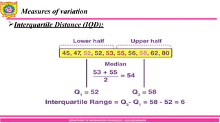DEPARTMENT OF INFORMATION TECHNOLOGY, SCOE,KOPARGAON
Measures of variation
Interquartile Distance (IQD):
 