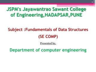 JSPM's Jayawantrao Sawant College
of Engineering,HADAPSAR,PUNE
Subject :Fundamentals of Data Structures
(SE COMP)
Presented by,
Department of computer engineering
1
 