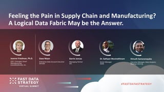 Feeling the Pain in Supply Chain and Manufacturing?
A Logical Data Fabric May be the Answer.
CEO | Principal, Smart
Manufacturing
Connektedminds, Inc.
Joanne Friedman, Ph.D.
Enterprise Data Account Executive
Denodo
Dave Nixon
Managing Partner
W5
Darrin Joncas
Senior Manager
ASML
Dr. Sathyan Munirathinam
Executive Manager, Data Analytics
Hastings Deering
Dimuth Samaranayaka
 
