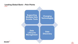 16
Leading Global Bank – Pain Points
Supporting
Multiple Data
Access Tools
Changing
Technologies
Data
Lifecycle
Management
Data
Discovery
 