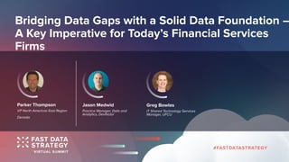 Bridging Data Gaps with a Solid Data Foundation –
A Key Imperative for Today’s Financial Services
Firms
VP North Americas East Region
Denodo
Parker Thompson
Practice Manager, Data and
Analytics, Devfactor
Jason Medwid
IT Shared Technology Services
Manager, UFCU
Greg Bowles
 