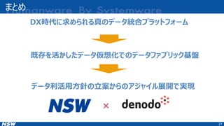 まとめ
21
DX時代に求められる真のデータ統合プラットフォーム
既存を活かしたデータ仮想化でのデータファブリック基盤
データ利活用方針の立案からのアジャイル展開で実現
 