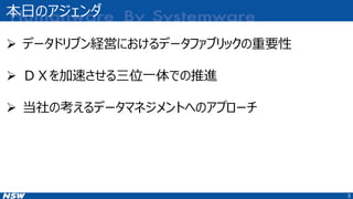 本日のアジェンダ
3
➢ データドリブン経営におけるデータファブリックの重要性
➢ ＤＸを加速させる三位一体での推進
➢ 当社の考えるデータマネジメントへのアプローチ
 