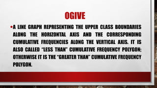 OGIVE
•A LINE GRAPH REPRESENTING THE UPPER CLASS BOUNDARIES
ALONG THE HORIZONTAL AXIS AND THE CORRESPONDING
CUMULATIVE FREQUENCIES ALONG THE VERTICAL AXIS. IT IS
ALSO CALLED “LESS THAN” CUMULATIVE FREQUENCY POLYGON;
OTHERWISE IT IS THE “GREATER THAN” CUMULATIVE FREQUENCY
POLYGON.
 