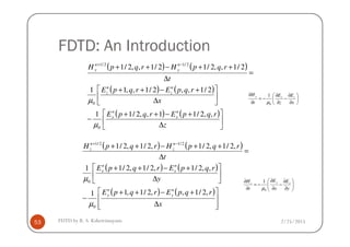 FDTD: An Introduction
( ) ( )
( ) ( )
( ) ( )






∆
+−++
−






∆
+−++
=
∆
++−++ −+
z
rqpErqpE
x
rqpErqpE
t
rqpHrqpH
n
x
n
x
n
z
n
z
n
y
n
y
,,2/11,,2/11
2/1,,2/1,,11
2/1,,2/12/1,,2/1
0
2/12/1
µ
µ 





∂
∂
−
∂
∂
−=
∂
∂
x
E
z
E
t
H zxy
0
1
µ
2/25/2015FDTD by R. S. Kshetrimayum53



 ∆z0µ
( ) ( )
( ) ( )
( ) ( )








∆
+−++
−






∆
+−++
=
∆
++−++ −+
x
rqpErqpE
y
rqpErqpE
t
rqpHrqpH
n
y
n
y
n
x
n
x
n
z
n
z
,2/1,,2/1,11
,,2/1,2/1,2/11
,2/1,2/1,2/1,2/1
0
0
2/12/1
µ
µ






∂
∂
−
∂
∂
−=
∂
∂
y
E
x
E
t
H xyz
0
1
µ
 