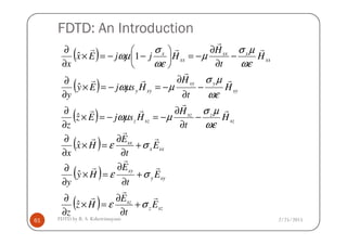 FDTD: An Introduction
( )
( )
( ) sz
zsz
szz
sy
ysy
syy
sx
xsx
sx
x
H
t
H
HsjEz
z
H
t
H
HsjEy
y
H
t
H
HjjEx
x
r
r
rr
r
r
rr
r
r
rr
ωε
µσ
µωµ
ωε
µσ
µωµ
ωε
µσ
µ
ωε
σ
ωµ
−
∂
∂
−=−=×
∂
∂
−
∂
∂
−=−=×
∂
∂
−
∂
∂
−=





−−=×
∂
∂
ˆ
ˆ
1ˆ
2/25/2015FDTD by R. S. Kshetrimayum61
( )
( )
( )
( ) szz
sz
syy
sy
sxx
sx
szszz
E
t
E
Hz
z
E
t
E
Hy
y
E
t
E
Hx
x
tz
r
r
r
r
r
r
r
r
r
σε
σε
σε
ωε
+
∂
∂
=×
∂
∂
+
∂
∂
=×
∂
∂
+
∂
∂
=×
∂
∂
∂∂
ˆ
ˆ
ˆ
 