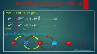 Finite Difference Time Domain Method
(Time Stepping)
From (5) and (6) we get ,
𝑬 𝒏 = 𝑬 𝒏−𝟏 −
∆𝒕
𝜺
𝛁 × 𝑯 𝒏−
𝟏
𝟐 …………………..(10)
𝑯 𝒏+
𝟏
𝟐 = 𝑯 𝒏−
𝟏
𝟐 −
∆𝒕
𝜺
𝛁 × 𝑬 𝒏 ……………............(11)
 Leap Frog Integration Scheme :
Present Past
𝑬 𝑛−1
𝐻 𝑛−
1
2
𝐻 𝑛+
1
2
𝐸 𝑛
𝐸 𝑛+1 t
@Animikh Goswami
 