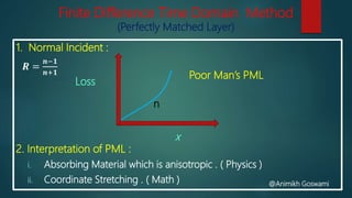 Finite Difference Time Domain Method
(Perfectly Matched Layer)
1. Normal Incident :
𝑹 =
𝒏−𝟏
𝒏+𝟏
2. Interpretation of PML :
i. Absorbing Material which is anisotropic . ( Physics )
ii. Coordinate Stretching . ( Math ) @Animikh Goswami
Loss
x
Poor Man’s PML
n
 