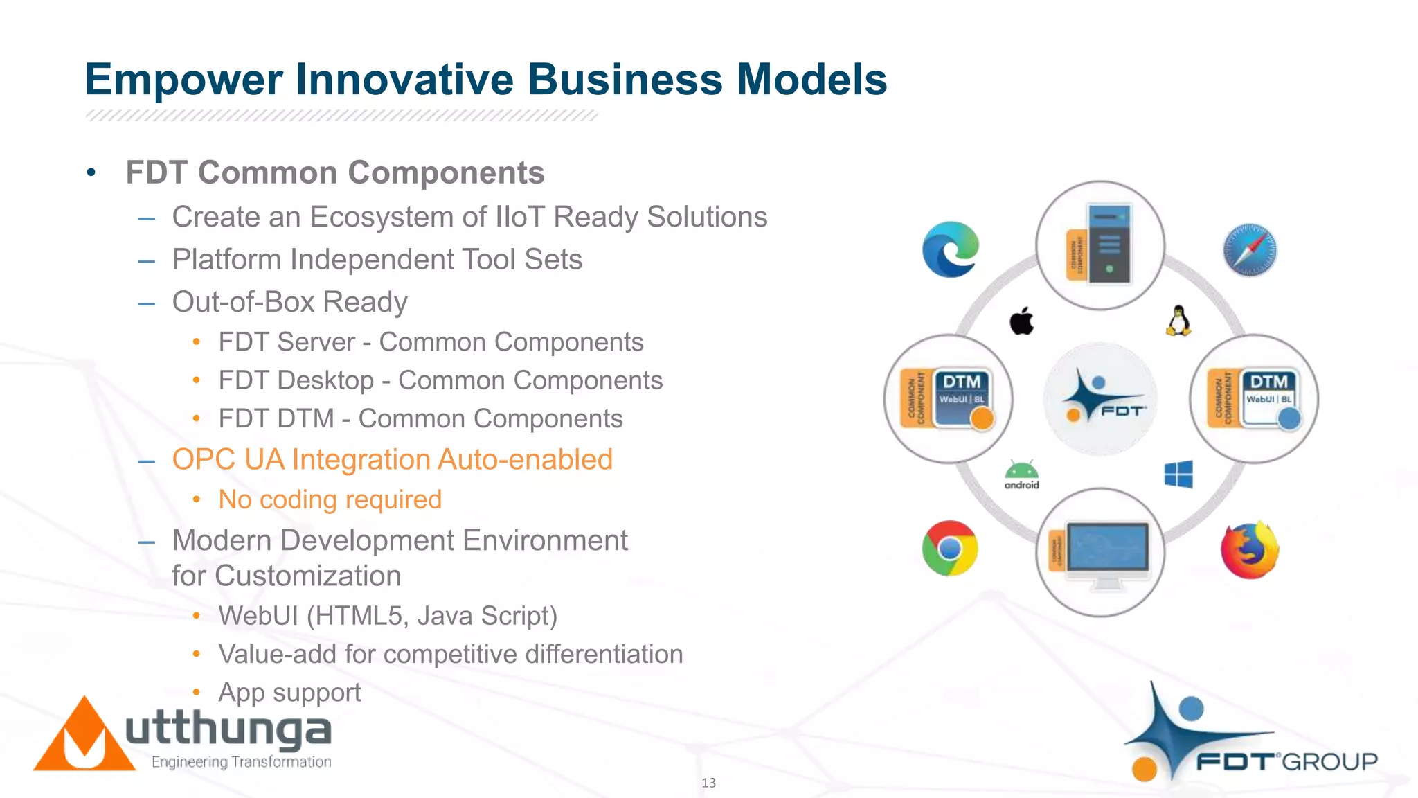 Click to edit Master title styleEmpower Innovative Business Models
• FDT Common Components
– Create an Ecosystem of IIoT Ready Solutions
– Platform Independent Tool Sets
– Out-of-Box Ready
• FDT Server - Common Components
• FDT Desktop - Common Components
• FDT DTM - Common Components
– OPC UA Integration Auto-enabled
• No coding required
– Modern Development Environment
for Customization
• WebUI (HTML5, Java Script)
• Value-add for competitive differentiation
• App support
13
 