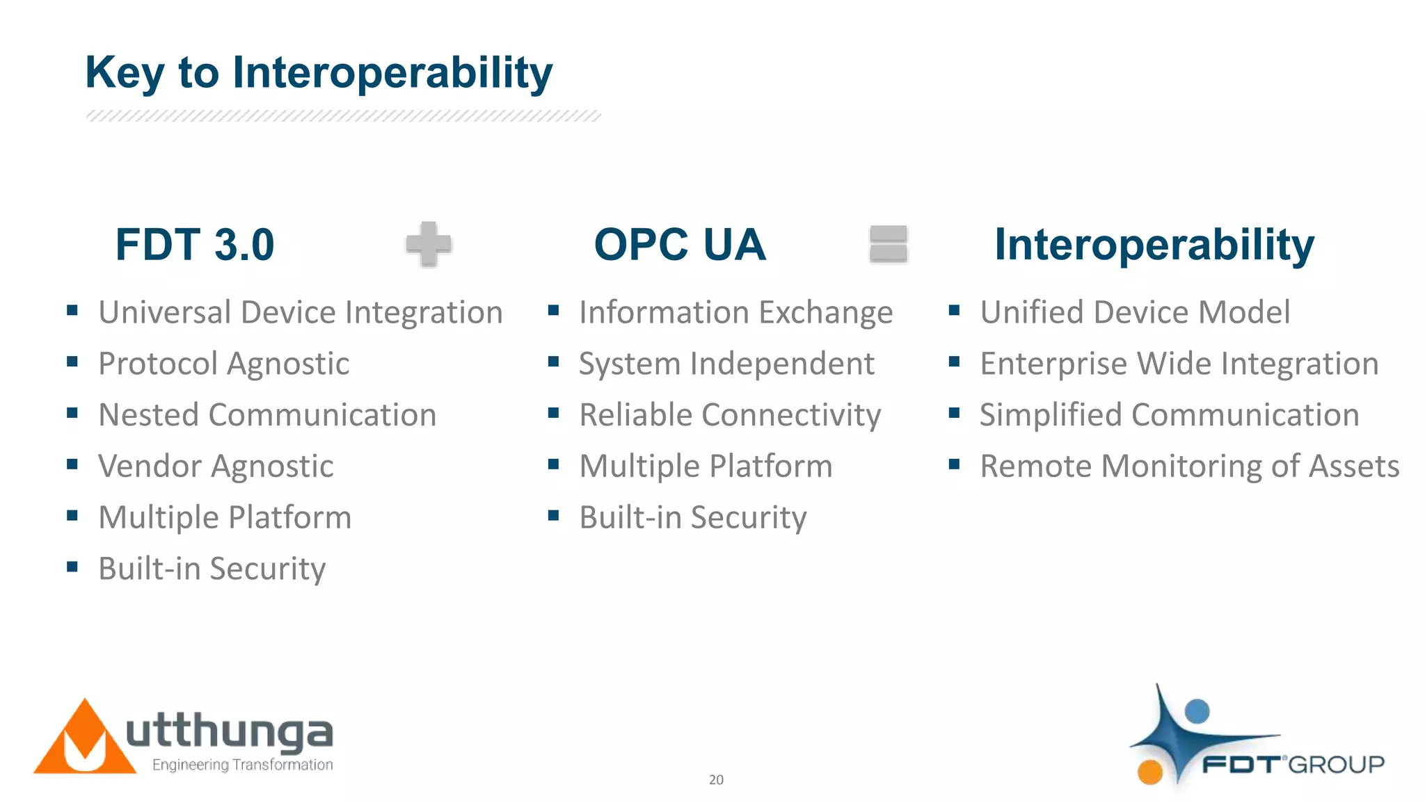 Click to edit Master title style
20
 Unified Device Model
 Enterprise Wide Integration
 Simplified Communication
 Remote Monitoring of Assets
 Universal Device Integration
 Protocol Agnostic
 Nested Communication
 Vendor Agnostic
 Multiple Platform
 Built-in Security
 Information Exchange
 System Independent
 Reliable Connectivity
 Multiple Platform
 Built-in Security
Key to Interoperability
FDT 3.0 OPC UA Interoperability
 