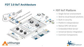 Click to edit Master title styleFDT 3.0 IIoT Architecture
8
• FDT IIoT Platform
– Single Server environment
– Skid to cloud-based solutions
– Built-in security
– Platform independence
– Native OPC UA Server
– Embedded Web Server
– Universal device integration
– Common Components
 