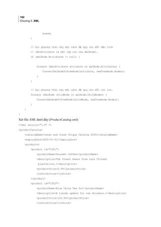 162
Chương 5: XML
break;
}
// Gọi phương thức này một cách đệ quy cho mỗi đặc tính
// (XmlAttribute là một lớp con của XmlNode).
if (xmlNode.Attributes != null) {
foreach (XmlAttribute attribute in xmlNode.Attributes) {
ConvertXmlNodeToTreeNode(attribute, newTreeNode.Nodes);
}
}
// Gọi phương thức này một cách đệ quy cho mỗi nút con.
foreach (XmlNode childNode in xmlNode.ChildNodes) {
ConvertXmlNodeToTreeNode(childNode, newTreeNode.Nodes);
}
}
}
Xét file XML dưới đây (ProductCatalog.xml):
?xml version=1.0 ?
productCatalog
catalogNameJones and Jones Unique Catalog 2004/catalogName
expiryDate2005-01-01/expiryDate
products
product id=1001
productNameGourmet Coffee/productName
descriptionThe finest beans from rare Chilean
plantations./description
productPrice0.99/productPrice
inStocktrue/inStock
/product
product id=1002
productNameBlue China Tea Pot/productName
descriptionA trendy update for tea drinkers./description
productPrice102.99/productPrice
inStocktrue/inStock
 