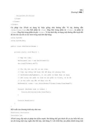 173
Chương 5: XML
Price200.25/Price
/Item
/Items
/Order
Cú pháp của XPath sử dụng ký hiệu giống như đường dẫn. Ví dụ, đường dẫn
/Order/Items/Item cho biết phần tử Item lồng bên trong phần tử Items, và phần tử
Items lồng bên trong phần tử gốc Order. Ví dụ dưới đây sử dụng một đường dẫn tuyệt đối
để tìm tên của tất cả các item trong một đơn đặt hàng:
using System;
using System.Xml;
public class XPathSelectNodes {
private static void Main() {
// Nạp tài liệu.
XmlDocument doc = new XmlDocument();
doc.Load(orders.xml);
// Thu lấy tên của tất cả các item.
// Việc này không thể hoàn tất dễ dàng với phương thức
// GetElementsByTagName(), vì các phần tử Name được sử dụng
// bên trong các phần tử Item và các phần tử Client, và do đó
// cả hai kiểu này đều sẽ được trả về.
XmlNodeList nodes = doc.SelectNodes(/Order/Items/Item/Name);
foreach (XmlNode node in nodes) {
Console.WriteLine(node.InnerText);
}
Console.ReadLine();
}
}
Kết xuất của chương trỉnh này như sau:
Electronic Protractor
Invisible Ink
XPath cung cấp một cú pháp tìm kiếm mạnh. Do không thể giải thích tất cả các biến thể của
nó chỉ trong một mục ngắn như thế này, nên bảng 5.1 chỉ trình bày các phần chính trong một
 