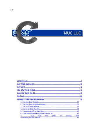 20
MỤC LỤC
LỜI NÓI ĐẦU................................................................................................................................7
CẤU TRÚC CỦA SÁCH..............................................................................................................10
QUY ƯỚC...................................................................................................................................12
YÊU CẦU VỀ HỆ THỐNG.......................................................................................................... 15
CÁCH SỬ DỤNG ĐĨA CD...........................................................................................................18
MỤC LỤC....................................................................................................................................20
Chương 1: PHÁT TRIỂN ỨNG DỤNG 29
1. Tạo ứng dụng Console........................................................................................... 31
2. Tạo ứng dụng dựa-trên-Windows...........................................................................33
3. Tạo và sử dụng module..........................................................................................37
4. Tạo và sử dụng thư viện.........................................................................................39
5. Truy xuất các đối số dòng lệnh...............................................................................40
6. Chọn biên dịch một khối mã vào file thực thi..........................................................42
7. Truy xuất một phần tử chương trình
có tên trùng với một từ khóa........................................................................................45
MỤC LỤC
 