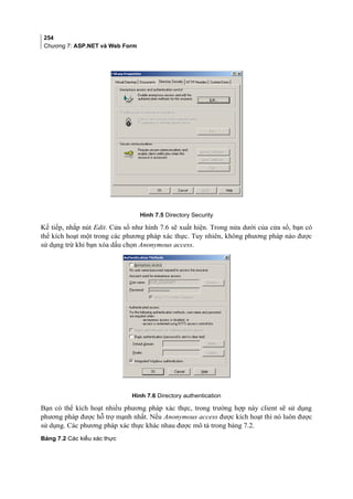 254
Chương 7: ASP.NET và Web Form
Hình 7.5 Directory Security
Kế tiếp, nhắp nút Edit. Cửa sổ như hình 7.6 sẽ xuất hiện. Trong nửa dưới của cửa sổ, bạn có
thể kích hoạt một trong các phương pháp xác thực. Tuy nhiên, không phương pháp nào được
sử dụng trừ khi bạn xóa dấu chọn Anonymous access.
Hình 7.6 Directory authentication
Bạn có thể kích hoạt nhiều phương pháp xác thực, trong trường hợp này client sẽ sử dụng
phương pháp được hỗ trợ mạnh nhất. Nếu Anonymous access được kích hoạt thì nó luôn được
sử dụng. Các phương pháp xác thực khác nhau được mô tả trong bảng 7.2.
Bảng 7.2 Các kiểu xác thực
 