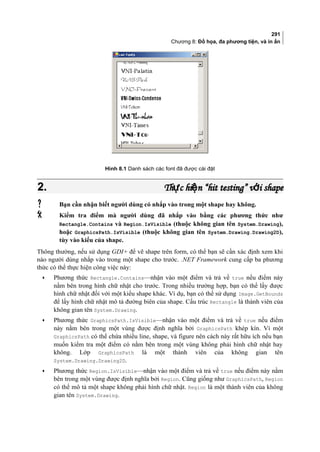 291
Chương 8: Đồ họa, đa phương tiện, và in ấn
Hình 8.1 Danh sách các font đã được cài đặt
2.2. Th c hi n “hit testing” v i shapeự ệ ớTh c hi n “hit testing” v i shapeự ệ ớ
 Bạn cần nhận biết người dùng có nhắp vào trong một shape hay không.
 Kiểm tra điểm mà người dùng đã nhắp vào bằng các phương thức như
Rectangle.Contains và Region.IsVisible (thuộc không gian tên System.Drawing),
hoặc GraphicsPath.IsVisible (thuộc không gian tên System.Drawing.Drawing2D),
tùy vào kiểu của shape.
Thông thường, nếu sử dụng GDI+ để vẽ shape trên form, có thể bạn sẽ cần xác định xem khi
nào người dùng nhắp vào trong một shape cho trước. .NET Framework cung cấp ba phương
thức có thể thực hiện công việc này:
• Phương thức Rectangle.Contains—nhận vào một điểm và trả về true nếu điểm này
nằm bên trong hình chữ nhật cho trước. Trong nhiều trường hợp, bạn có thể lấy được
hình chữ nhật đối với một kiểu shape khác. Ví dụ, bạn có thể sử dụng Image.GetBounds
để lấy hình chữ nhật mô tả đường biên của shape. Cấu trúc Rectangle là thành viên của
không gian tên System.Drawing.
• Phương thức GraphicsPath.IsVisible—nhận vào một điểm và trả về true nếu điểm
này nằm bên trong một vùng được định nghĩa bởi GraphicsPath khép kín. Vì một
GraphicsPath có thể chứa nhiều line, shape, và figure nên cách này rất hữu ích nếu bạn
muốn kiểm tra một điểm có nằm bên trong một vùng không phải hình chữ nhật hay
không. Lớp GraphicsPath là một thành viên của không gian tên
System.Drawing.Drawing2D.
• Phương thức Region.IsVisible—nhận vào một điểm và trả về true nếu điểm này nằm
bên trong một vùng được định nghĩa bởi Region. Cũng giống như GraphicsPath, Region
có thể mô tả một shape không phải hình chữ nhật. Region là một thành viên của không
gian tên System.Drawing.
 