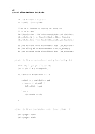 300
Chương 8: Đồ họa, đa phương tiện, và in ấn
ellipseB.BackColor = Color.Azure;
this.Controls.Add(ellipseB);
// Gắn cả hai ellipse vào cùng tập các phương thức
// thụ lý sự kiện.
ellipseA.MouseDown += new MouseEventHandler(Ellipse_MouseDown);
ellipseA.MouseUp += new MouseEventHandler(Ellipse_MouseUp);
ellipseA.MouseMove += new MouseEventHandler(Ellipse_MouseMove);
ellipseB.MouseDown += new MouseEventHandler(Ellipse_MouseDown);
ellipseB.MouseUp += new MouseEventHandler(Ellipse_MouseUp);
ellipseB.MouseMove += new MouseEventHandler(Ellipse_MouseMove);
}
private void Ellipse_MouseDown(object sender, MouseEventArgs e) {
// Thu lấy ellipse gây ra sự kiện này.
Control control = (Control)sender;
if (e.Button == MouseButtons.Left) {
control.Tag = new Point(e.X, e.Y);
if (control == ellipseA) {
isDraggingA = true;
}else {
isDraggingB = true;
}
}
}
private void Ellipse_MouseUp(object sender, MouseEventArgs e) {
isDraggingA = false;
isDraggingB = false;
 