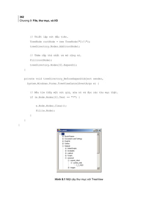 362
Chương 9: File, thư mục, và I/O
// Thiết lập nút đầu tiên.
TreeNode rootNode = new TreeNode(C:);
treeDirectory.Nodes.Add(rootNode);
// Thêm cấp thứ nhất và mở rộng nó.
Fill(rootNode);
treeDirectory.Nodes[0].Expand();
}
private void treeDirectory_BeforeExpand(object sender,
System.Windows.Forms.TreeViewCancelEventArgs e) {
// Nếu tìm thấy một nút giả, xóa nó và đọc các thư mục thật.
if (e.Node.Nodes[0].Text == *) {
e.Node.Nodes.Clear();
Fill(e.Node);
}
}
}
Hình 9.1 Một cây thư mục với TreeView
 