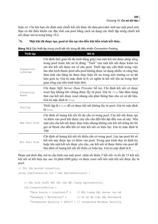 395
Chương 10: Cơ sở dữ liệu
hiện có. Chỉ khi bạn chỉ định một chuỗi kết nối khác thì data-provider mới tạo một pool mới.
Bạn có thể điều khiển các đặc tính của pool bằng cách sử dụng các thiết lập trong chuỗi kết
nối được mô tả trong bảng 10.2.
 Một khi đã được tạo, pool sẽ tồn tại cho đến khi tiến trình kết thúc.
Bảng 10.2 Các thiết lập trong chuỗi kết nối dùng để điều khiển Connection Pooling
Thiết lập Mô tả
Connection
Lifetime
Chỉ định thời gian tối đa (tính bằng giây) mà một kết nối được phép sống
trong pool trước khi nó bị đóng. “Tuổi” của một kết nối được kiểm tra
chỉ khi kết nối được trả về cho pool. Thiết lập này cần thiết trong việc
thu nhỏ kích thước pool nếu pool không được sử dụng nhiều và cũng bảo
đảm tính cân bằng tải được thực hiện tối ưu trong môi trường cơ sở dữ
liệu gom tụ. Giá trị mặc định là 0, có nghĩa là kết nối tồn tại trong thời
gian sống của tiến trình hiện thời.
Connection
Reset
Chỉ được SQL Server Data Provider hỗ trợ. Chỉ định kết nối có được
reset hay không khi chúng được lấy từ pool. Giá trị True bảo đảm trạng
thái của kết nối được reset nhưng cần phải thông báo cho cơ sở dữ liệu.
Giá trị mặc định là True.
Pooling
Thiết lập là False để có được kết nối không lấy từ pool. Giá trị mặc định
là True.
Max Pool Size
Chỉ định số lượng kết nối tối đa cần có trong pool. Các kết nối được tạo
và thêm vào pool khi được yêu cầu cho đến khi đạt đến con số này. Nếu
một yêu cầu kết nối được thực hiện nhưng không còn kết nối trống thì lời
gọi sẽ block cho đến khi có một kết nối có hiệu lực. Giá trị mặc định là
100.
Min Pool Size
Chỉ định số lượng kết nối tối thiểu cần có trong pool. Lúc tạo pool thì số
kết nối này được tạo và thêm vào pool. Trong quá trình duy trì định kỳ
hoặc khi một kết nối được yêu cầu, các kết nối sẽ được thêm vào pool để
bảo đảm số lượng kết nối tối thiểu có hiệu lực. Giá trị mặc định là 0.
Đoạn mã dưới đây mô tả cấu hình của một pool: chứa tối thiểu 5 kết nối và tối đa 15 kết nối,
kết nối sẽ hết hiệu lực sau 10 phút (600 giây) và được reset mỗi khi một kết nối được lấy từ
pool.
// Thu lấy pooled connection.
using (SqlConnection con = new SqlConnection()) {
// Cấu hình chuỗi kết nối của đối tượng SqlConnection.
con.ConnectionString =
Data Source = localhost; + // Đối tượng SQL Server cục bộ
Database = Northwind; + // Cơ sở dữ liệu mẫu Northwind
Integrated Security = SSPI; + // Integrated Windows Security
 