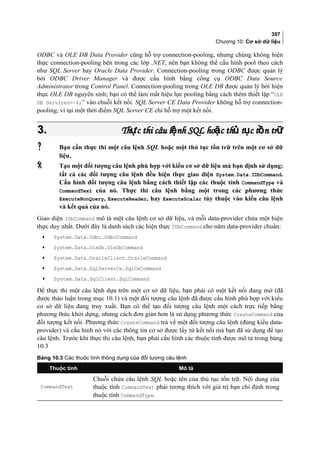 397
Chương 10: Cơ sở dữ liệu
ODBC và OLE DB Data Provider cũng hỗ trợ connection-pooling, nhưng chúng không hiện
thực connection-pooling bên trong các lớp .NET, nên bạn không thể cấu hình pool theo cách
như SQL Server hay Oracle Data Provider. Connection-pooling trong ODBC được quản lý
bởi ODBC Driver Manager và được cấu hình bằng công cụ ODBC Data Source
Administrator trong Control Panel. Connection-pooling trong OLE DB được quản lý bởi hiện
thực OLE DB nguyên sinh; bạn có thể làm mất hiệu lực pooling bằng cách thêm thiết lập “OLE
DB Services=-4;” vào chuỗi kết nối. SQL Server CE Data Provider không hỗ trợ connection-
pooling, vì tại một thời điểm SQL Server CE chỉ hỗ trợ một kết nối.
3.3. Th c thi câu l nh SQL ho c th t c t n trự ệ ặ ủ ụ ồ ữTh c thi câu l nh SQL ho c th t c t n trự ệ ặ ủ ụ ồ ữ
 Bạn cần thực thi một câu lệnh SQL hoặc một thủ tục tồn trữ trên một cơ sở dữ
liệu.
 Tạo một đối tượng câu lệnh phù hợp với kiểu cơ sở dữ liệu mà bạn định sử dụng;
tất cả các đối tượng câu lệnh đều hiện thực giao diện System.Data.IDbCommand.
Cấu hình đối tượng câu lệnh bằng cách thiết lập các thuộc tính CommandType và
CommandText của nó. Thực thi câu lệnh bằng một trong các phương thức
ExecuteNonQuery, ExecuteReader, hay ExecuteScalar tùy thuộc vào kiểu câu lệnh
và kết quả của nó.
Giao diện IDbCommand mô tả một câu lệnh cơ sở dữ liệu, và mỗi data-provider chứa một hiện
thực duy nhất. Dưới đây là danh sách các hiện thực IDbCommand cho năm data-provider chuẩn:
• System.Data.Odbc.OdbcCommand
• System.Data.OleDb.OleDbCommand
• System.Data.OracleClient.OracleCommand
• System.Data.SqlServerCe.SqlCeCommand
• System.Data.SqlClient.SqlCommand
Để thực thi một câu lệnh dựa trên một cơ sở dữ liệu, bạn phải có một kết nối đang mở (đã
được thảo luận trong mục 10.1) và một đối tượng câu lệnh đã được cấu hình phù hợp với kiểu
cơ sở dữ liệu đang truy xuất. Bạn có thể tạo đối tượng câu lệnh một cách trực tiếp bằng
phương thức khởi dựng, nhưng cách đơn giản hơn là sử dụng phương thức CreateCommand của
đối tượng kết nối. Phương thức CreateCommand trả về một đối tượng câu lệnh (đúng kiểu data-
provider) và cấu hình nó với các thông tin cơ sở được lấy từ kết nối mà bạn đã sử dụng để tạo
câu lệnh. Trước khi thực thi câu lệnh, bạn phải cấu hình các thuộc tính được mô tả trong bảng
10.3
[
Bảng 10.3 Các thuộc tính thông dụng của đối tượng câu lệnh
Thuộc tính Mô tả
CommandText
Chuỗi chứa câu lệnh SQL hoặc tên của thủ tục tồn trữ. Nội dung của
thuộc tính CommandText phải tương thích với giá trị bạn chỉ định trong
thuộc tính CommandType.
 
