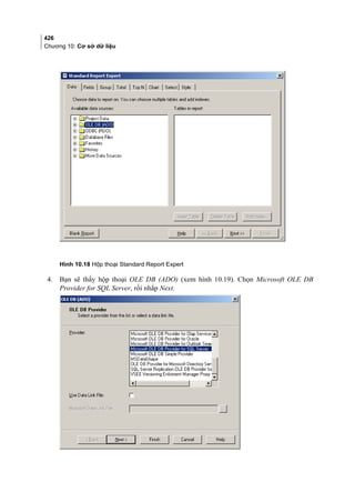 426
Chương 10: Cơ sở dữ liệu
Hình 10.18 Hộp thoại Standard Report Expert
4. Bạn sẽ thấy hộp thoại OLE DB (ADO) (xem hình 10.19). Chọn Microsoft OLE DB
Provider for SQL Server, rồi nhắp Next.
 