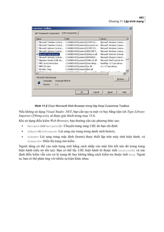 443
Chương 11: Lập trình mạng
Hình 11.2 Chọn Microsoft Web Browser trong hộp thoại Customize Toolbox
Nếu không sử dụng Visual Studio .NET, bạn cần tạo ra một vỏ bọc bằng tiện ích Type Library
Importer (Tlbimp.exe), sẽ được giải thích trong mục 15.6.
Khi sử dụng điều kiểm Web Browser, bạn thường cần các phương thức sau:
• Navigate (và Navigate2) Chuyển trang sang URL do bạn chỉ định.
• GoBack và GoForward Lái sang các trang trong danh sách history.
• GoHome Lái sang trang mặc định (home) được thiết lập trên máy tính hiện hành, và
GoSearch Hiển thị trang tìm kiếm.
Người dùng có thể vào một trang mới bằng cách nhắp vào một liên kết nào đó trong trang
hiện hành (nếu nó tồn tại). Bạn có thể lấy URL hiện hành từ thuộc tính LocationURL và xác
định điều kiểm vẫn còn xử lý trang đó hay không bằng cách kiểm tra thuộc tính Busy. Ngoài
ra, bạn có thể phản ứng với nhiều sự kiện khác nhau.
 