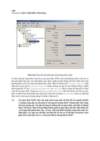 484
Chương 12: Dịch vụ Web XML và Remoting
Hình 12.2 Theo dõi một phiên giao dịch không thành công
[
Vì bản chất phi trạng thái (stateless) của giao thức HTTP, nên một phương thức web chỉ có
thể góp phần làm gốc của một phiên giao dịch; nghĩa là bạn không thể đưa nhiều hơn một
phương thức web vào cùng một phiên giao dịch. Mặc dù thuộc tính TransactionOption chấp
nhận tất cả các giá trị TransactionOption chuẩn, nhưng các giá trị này không mang ý nghĩa
như mong đợi. Ví dụ, Disabled, NotSupported, và Supported đều có cùng tác dụng là vô hiệu
việc hỗ trợ giao dịch. Tương tự, cả Required và RequiresNew đều kích hoạt việc hỗ trợ giao
dịch và khởi chạy một phiên giao dịch mới. Bạn nên sử dụng RequiresNew trong các phương
thức web vì tên của nó tương xứng với hành vi thật sự (!).
 Các giao dịch COM+ làm việc một cách trong suốt với hầu hết các nguồn dữ liệu
vì chúng cung cấp các bộ quản lý tài nguyên tương thích. Nhưng luôn nhớ rằng,
nếu bạn tương tác với một tài nguyên không hỗ trợ giao dịch, mã lệnh sẽ không
được roll-back. Một số hoạt động không phải là giao dịch: ghi file, đặt thông tin
vào trạng thái phiên làm việc, và truy xuất một thiết bị phần cứng (như máy in).
Mặt khác, các thao tác dữ liệu với hầu hết các hệ cơ sở dữ liệu Enterprise (bao
gồm Microsoft SQL Server và Oracle) đều là tương thích COM+.
 