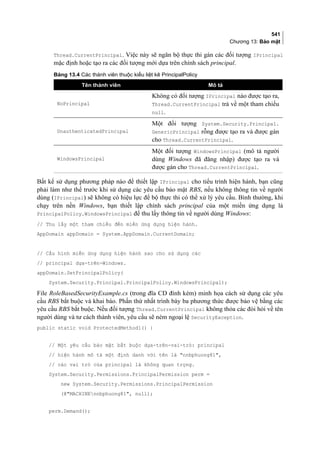 541
Chương 13: Bảo mật
Thread.CurrentPrincipal. Việc này sẽ ngăn bộ thực thi gán các đối tượng IPrincipal
mặc định hoặc tạo ra các đối tượng mới dựa trên chính sách principal.
Bảng 13.4 Các thành viên thuộc kiểu liệt kê PrincipalPolicy
Tên thành viên Mô tả
NoPrincipal
Không có đối tượng IPrincipal nào được tạo ra,
Thread.CurrentPrincipal trả về một tham chiếu
null.
UnauthenticatedPrincipal
Một đối tượng System.Security.Principal.
GenericPrincipal rỗng được tạo ra và được gán
cho Thread.CurrentPrincipal.
WindowsPrincipal
Một đối tượng WindowsPrincipal (mô tả người
dùng Windows đã đăng nhập) được tạo ra và
được gán cho Thread.CurrentPrincipal.
Bất kể sử dụng phương pháp nào để thiết lập IPrincipal cho tiểu trình hiện hành, bạn cũng
phải làm như thế trước khi sử dụng các yêu cầu bảo mật RBS, nếu không thông tin về người
dùng (IPrincipal) sẽ không có hiệu lực để bộ thực thi có thể xử lý yêu cầu. Bình thường, khi
chạy trên nền Windows, bạn thiết lập chính sách principal của một miền ứng dụng là
PrincipalPolicy.WindowsPrincipal để thu lấy thông tin về người dùng Windows:
// Thu lấy một tham chiếu đến miền ứng dụng hiện hành.
AppDomain appDomain = System.AppDomain.CurrentDomain;
// Cấu hình miền ứng dụng hiện hành sao cho sử dụng các
// principal dựa-trên-Windows.
appDomain.SetPrincipalPolicy(
System.Security.Principal.PrincipalPolicy.WindowsPrincipal);
File RoleBasedSecurityExample.cs (trong đĩa CD đính kèm) minh họa cách sử dụng các yêu
cầu RBS bắt buộc và khai báo. Phần thứ nhất trình bày ba phương thức được bảo vệ bằng các
yêu cầu RBS bắt buộc. Nếu đối tượng Thread.CurrentPrincipal không thỏa các đòi hỏi về tên
người dùng và tư cách thành viên, yêu cầu sẽ ném ngoại lệ SecurityException.
public static void ProtectedMethod1() {
// Một yêu cầu bảo mật bắt buộc dựa-trên-vai-trò: principal
// hiện hành mô tả một định danh với tên là nnbphuong81,
// các vai trò của principal là không quan trọng.
System.Security.Permissions.PrincipalPermission perm =
new System.Security.Permissions.PrincipalPermission
(@MACHINEnnbphuong81, null);
perm.Demand();
 