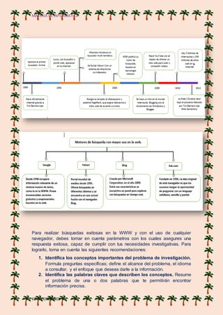 MATERIA DE INFORMATICA
KEVIN ORDOÑES
Para realizar búsquedas exitosas en la WWW y con el uso de cualquier
navegador, debes tomar en cuenta parámetros con los cuales asegures una
respuesta exitosa, capaz de cumplir con tus necesidades investigativas. Para
lograrlo, toma en cuenta las siguientes recomendaciones:
1. Identifica los conceptos importantes del problema de investigación.
Formula preguntas específicas; define el alcance del problema, el idioma
a consultar, y el enfoque que deseas darle a la información.
2. Identifica las palabras claves que describen los conceptos. Resume
el problema de una o dos palabras que te permitirán encontrar
información precisa.
 