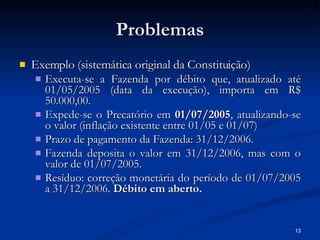 Problemas Exemplo (sistemática original da Constituição) Executa-se a Fazenda por débito que, atualizado até 01/05/2005 (data da execução), importa em R$ 50.000,00. Expede-se o Precatório em  01/07/2005 , atualizando-se o valor (inflação existente entre 01/05 e 01/07) Prazo de pagamento da Fazenda: 31/12/2006. Fazenda deposita o valor em 31/12/2006, mas com o valor de 01/07/2005. Resíduo: correção monetária do período de 01/07/2005 a 31/12/2006.  Débito em aberto. 