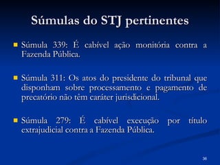 Súmulas do STJ pertinentes Súmula 339: É cabível ação monitória contra a Fazenda Pública. Súmula 311: Os atos do presidente do tribunal que disponham sobre processamento e pagamento de precatório não têm caráter jurisdicional. Súmula 279: É cabível execução por título extrajudicial contra a Fazenda Pública. 