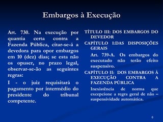 Embargos à Execução Art. 730. Na execução por quantia certa contra a Fazenda Pública, citar-se-á a devedora para opor embargos em 10 (dez) dias; se esta não os opuser, no prazo legal, observar-se-ão as seguintes regras: I - o juiz requisitará o pagamento por intermédio do presidente do tribunal competente. TÍTULO III: DOS EMBARGOS DO DEVEDOR CAPÍTULO I:DAS DISPOSIÇÕES GERAIS Art. 739-A.  Os embargos do executado não terão efeito suspensivo. CAPÍTULO II:  DOS EMBARGOS À EXECUÇÃO CONTRA A FAZENDA PÚBLICA Inexistência de norma que excepcione a regra geral de não – suspensividade automática. 