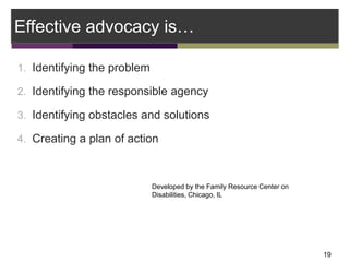 Effective advocacy is…
1. Identifying the problem
2. Identifying the responsible agency
3. Identifying obstacles and solut...