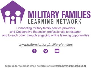 Connecting military family service providers
and Cooperative Extension professionals to research
and to each other through...