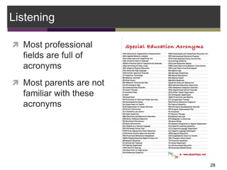  Most professional
fields are full of
acronyms
 Most parents are not
familiar with these
acronyms
Listening
28
 