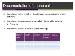 Documentation of phone calls
 You should call to check on the status of your application and/or
services
 You should als...